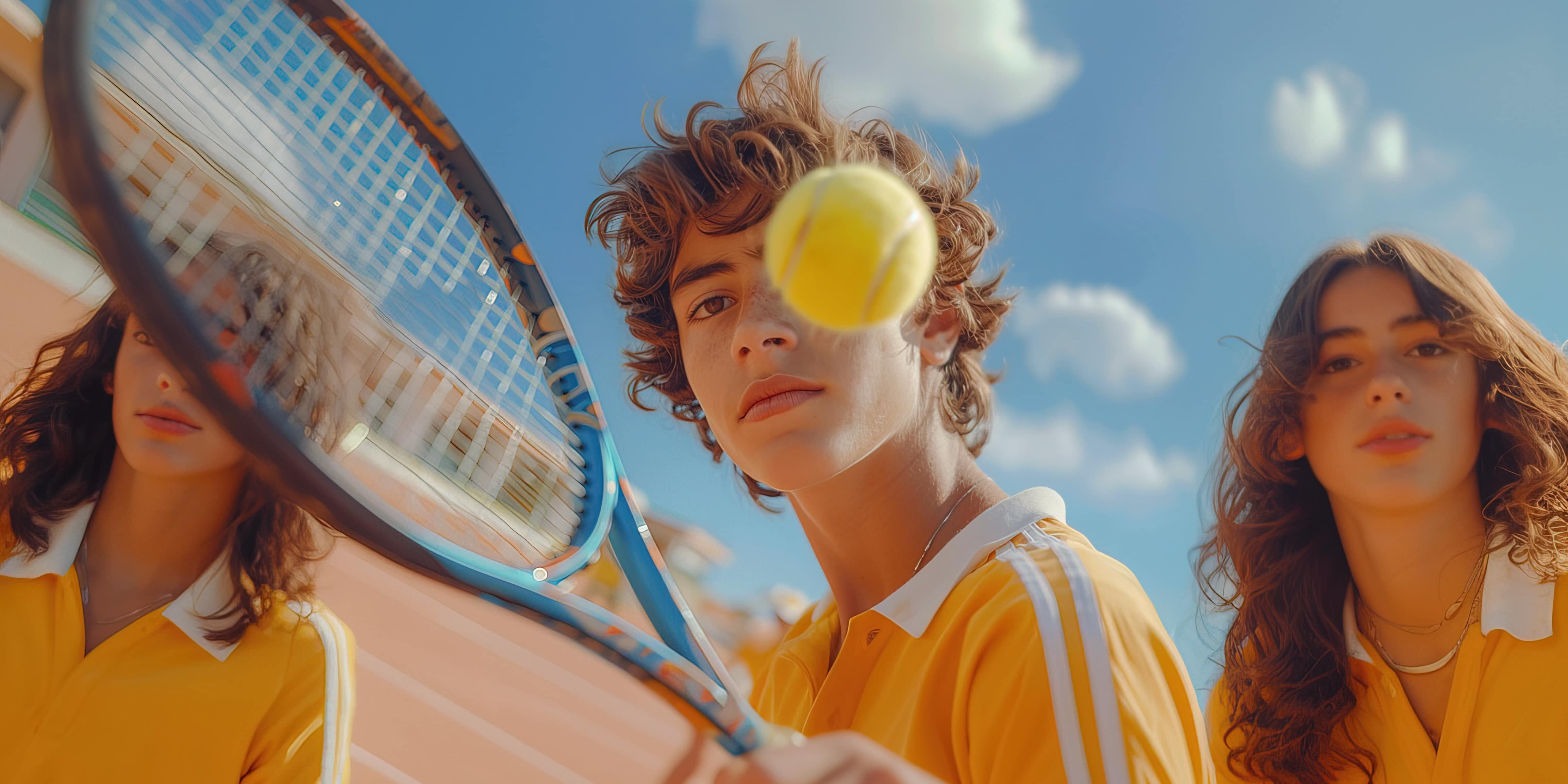 Un grupo de adolescentes de diversas etnias en una intensa partida de tenis, capturados en un plano general con efectos de movimiento para destacar la energÃ­a y la acciÃ³n, todo en un estilo limpio y minimalista --chaos 30 --ar 3:2 --style raw --stylize 400 Job ID: f915daf6-7bc0-4d04-a877-a9c1ad8d0e32